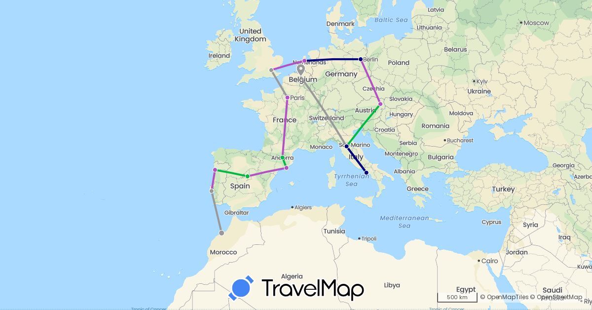 TravelMap itinerary: driving, bus, plane, train in Andorra, Austria, Belgium, Germany, Spain, France, United Kingdom, Italy, Morocco, Netherlands, Portugal (Africa, Europe)